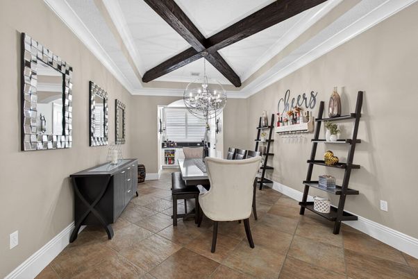Chandelier, Dining room, Interior, Wooden Beams