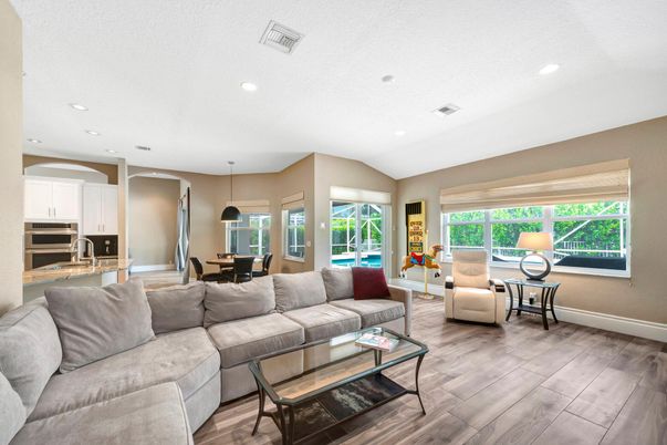 Dining room, Interior, Kitchen, Living room, Pendant Lights, Recessed Lighting, Wood Texture Flooring
