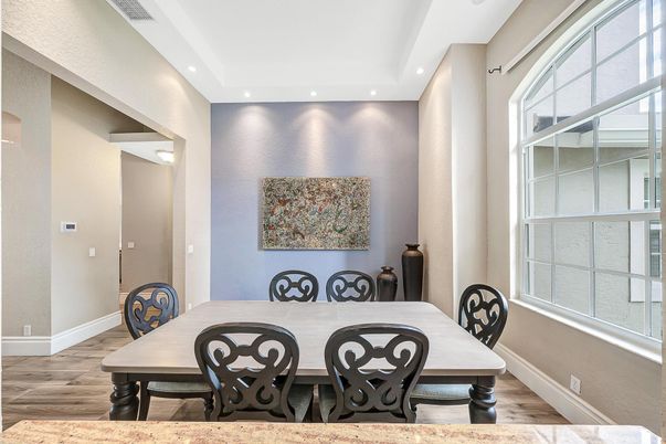 Dining room, Interior, Recessed Lighting, Wood Texture Flooring