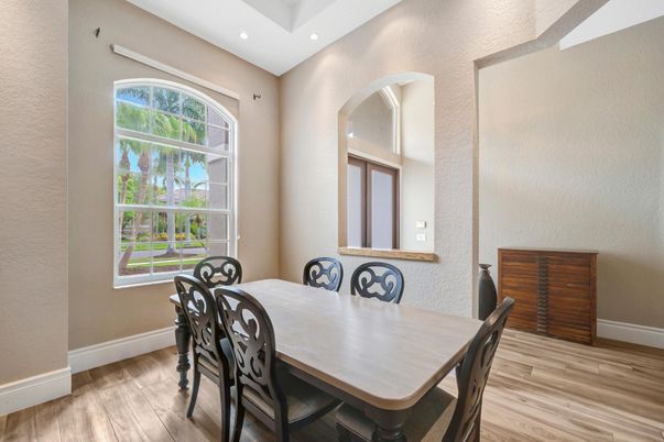 Dining room, Interior, Recessed Lighting, Wood Texture Flooring