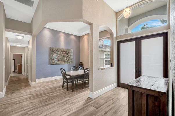 Dining room, Interior, Pendant Lights, Recessed Lighting, Wood Texture Flooring