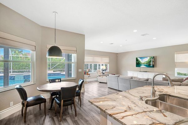 Dining room, Interior, Kitchen, Living room, Pendant Lights, Recessed Lighting, Wood Texture Flooring