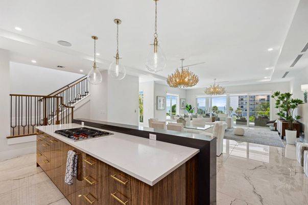 Chandelier, Dining room, Interior, Kitchen, Living room, Marble, Pendant Lights, Recessed Lighting, Water