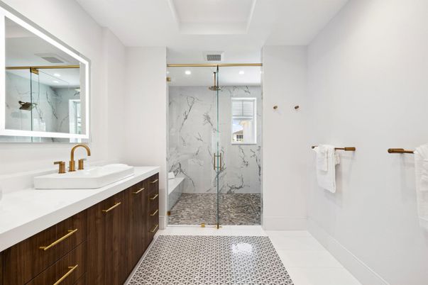Bathroom, Glass Shower, Interior, Marble Walls, Recessed Lighting