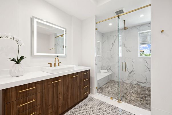 Bathroom, Glass Shower, Interior, Marble Walls, Recessed Lighting