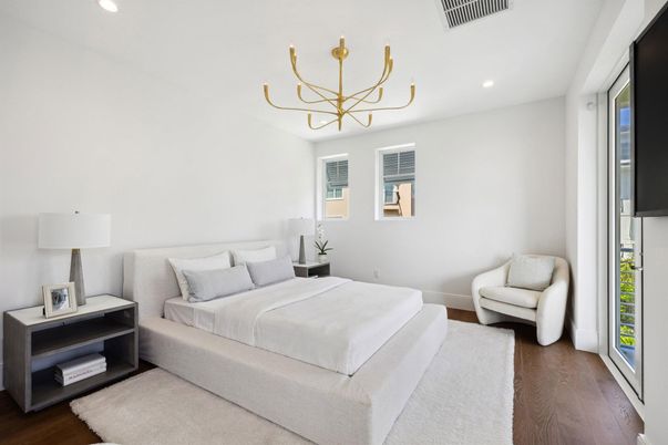 Bedroom, Chandelier, Interior, Recessed Lighting, Wood Texture Flooring
