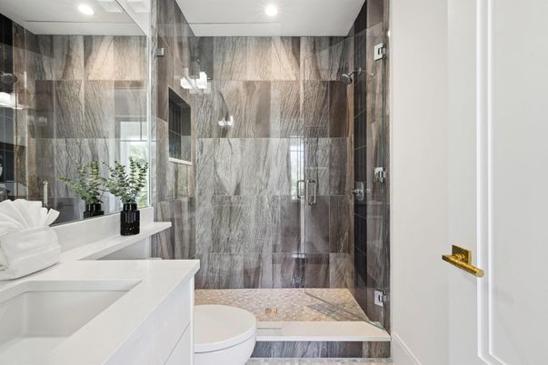 Bathroom, Glass Shower, Interior, Marble Walls, Recessed Lighting