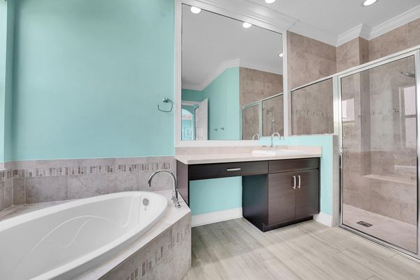 Bathroom, Glass Shower, Interior, Recessed Lighting, Wood Texture Flooring