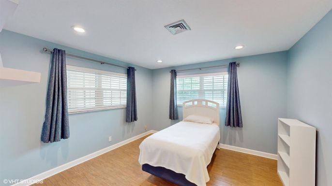 Bedroom, Interior, Recessed Lighting, Wood Texture Flooring