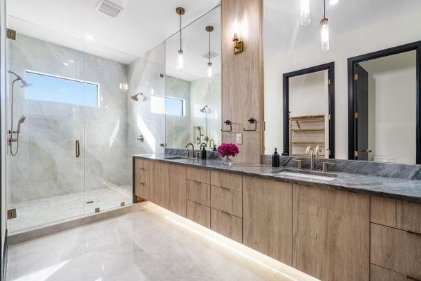 Bathroom, Dual Sink Vanities, Glass Shower, Interior, Marble Walls, Pendant Lights