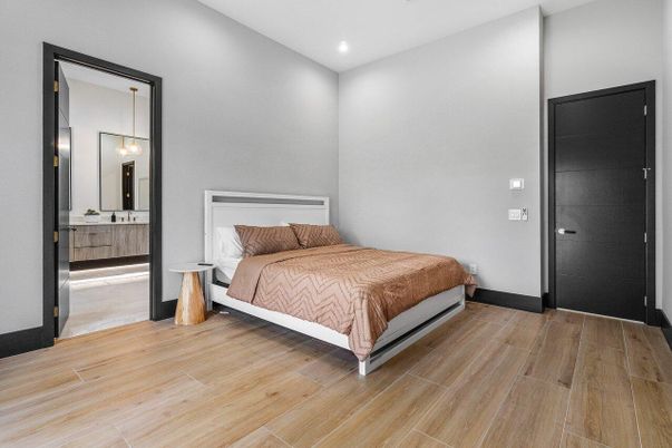 Bedroom, Interior, Pendant Lights, Recessed Lighting, Wood Texture Flooring