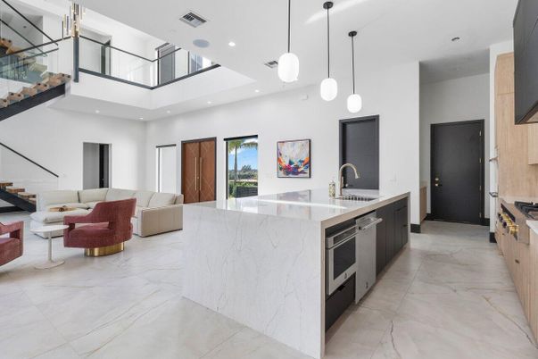 Interior, Kitchen, Living room, Marble, Pendant Lights, Recessed Lighting