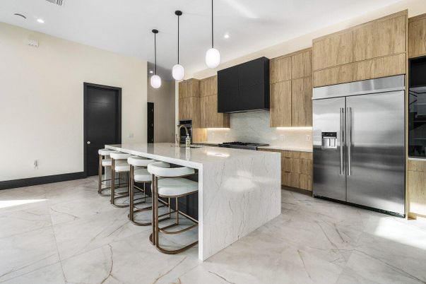 Interior, Kitchen, Marble, Pendant Lights, Recessed Lighting, Stainless Steel Appliances