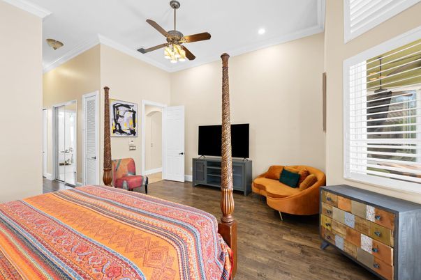 Bedroom, Interior, Recessed Lighting, Wood Texture Flooring