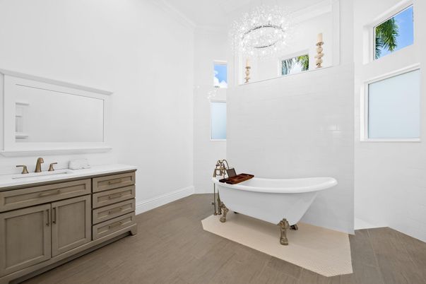 Bathroom, Chandelier, Free Standing Baths, Interior, Wood Texture Flooring