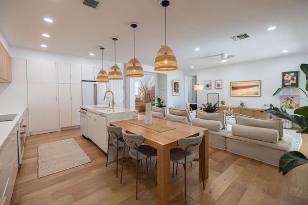 Dining room, Interior, Kitchen, Living room, Pendant Lights, Recessed Lighting, Wood Texture Flooring
