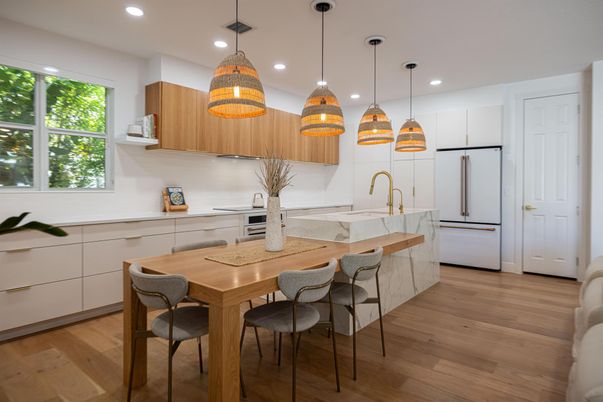 Interior, Kitchen, Pendant Lights, Recessed Lighting, Wood Texture Flooring