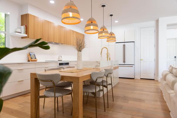 Interior, Kitchen, Pendant Lights, Recessed Lighting, Wood Texture Flooring