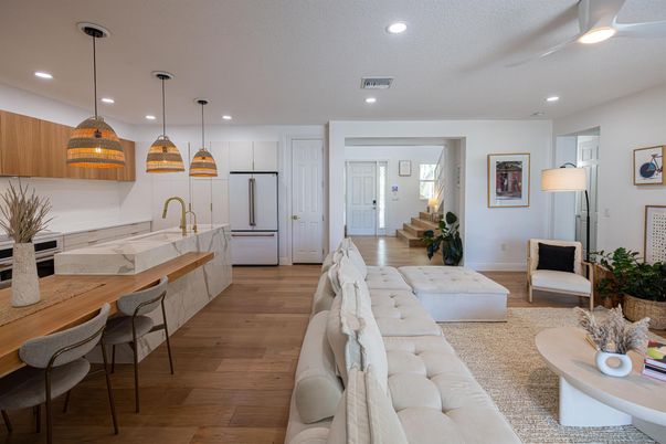 Interior, Kitchen, Living room, Pendant Lights, Recessed Lighting, Wood Texture Flooring