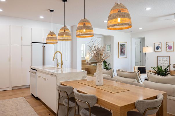 Dining room, Interior, Kitchen, Living room, Pendant Lights, Recessed Lighting, Wood Texture Flooring