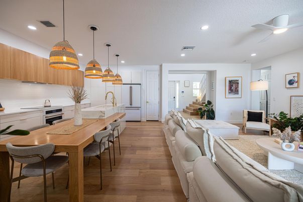 Dining room, Interior, Kitchen, Living room, Pendant Lights, Recessed Lighting, Stainless Steel Appliances, Wood Texture Flooring