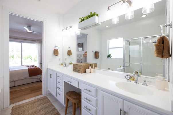 Bathroom, Bedroom, Dual Sink Vanities, Glass Shower, Interior, Wood Texture Flooring
