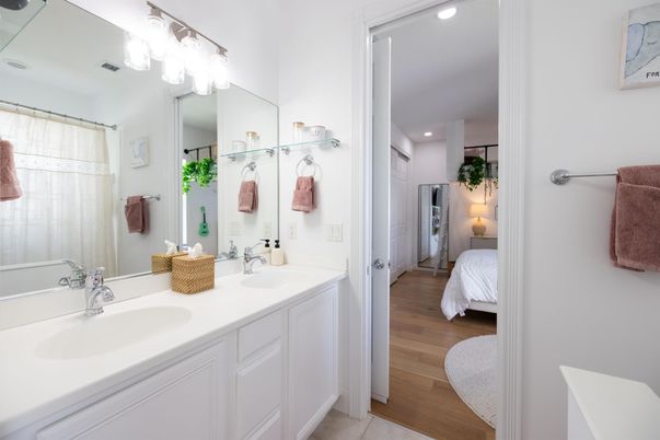 Bathroom, Bedroom, Dual Sink Vanities, Interior, Recessed Lighting, Wood Texture Flooring