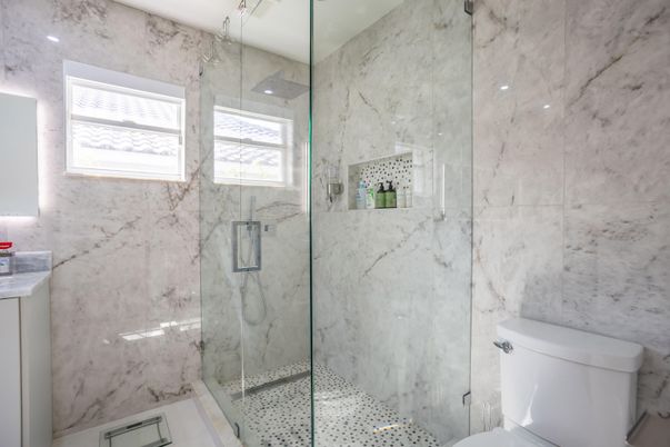 Bathroom, Glass Shower, Interior, Marble Walls