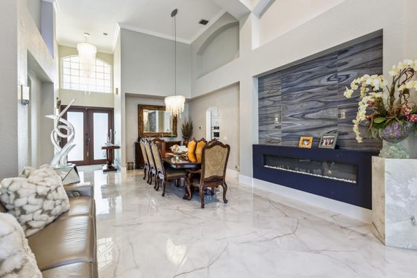 Chandelier, Dining room, Fireplace, Interior, Marble, Pendant Lights