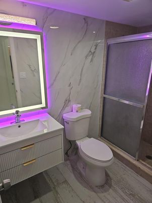 Bathroom, Glass Shower, Interior, Marble Walls, Wood Texture Flooring