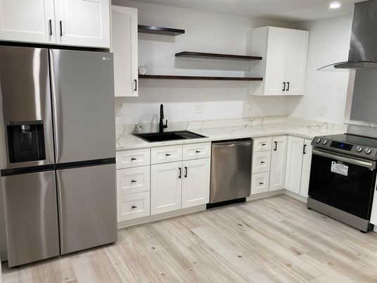 Interior, Kitchen, Recessed Lighting, Stainless Steel Appliances, Wood Texture Flooring