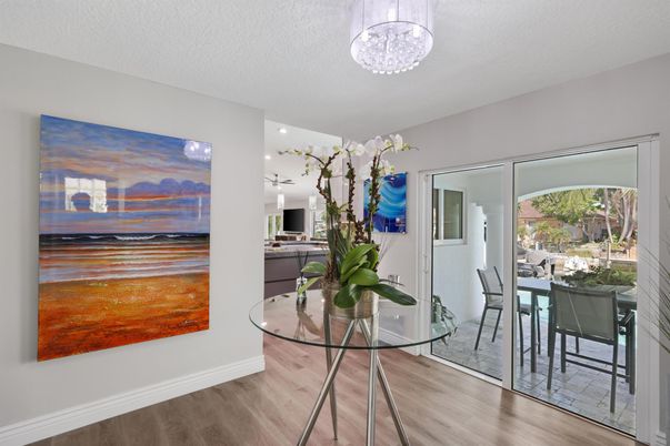 Dining room, Interior, Recessed Lighting, Wood Texture Flooring