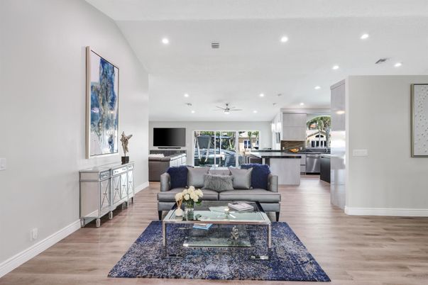 Interior, Kitchen, Living room, Recessed Lighting, Stainless Steel Appliances, Wood Texture Flooring