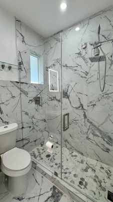 Bathroom, Glass Shower, Interior, Marble, Marble Walls, Recessed Lighting