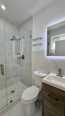 Bathroom, Glass Shower, Interior, Marble Walls, Recessed Lighting
