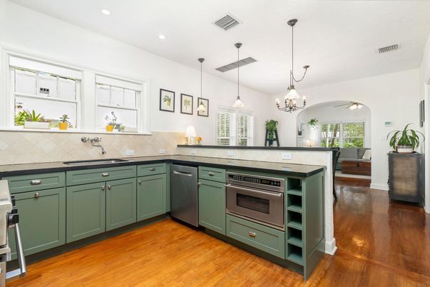 Interior, Kitchen, Pendant Lights, Recessed Lighting, Stainless Steel Appliances, Wood Texture Flooring
