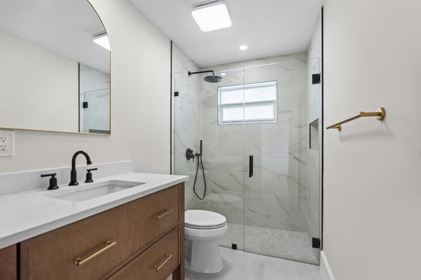 Bathroom, Glass Shower, Interior, Marble Walls, Recessed Lighting