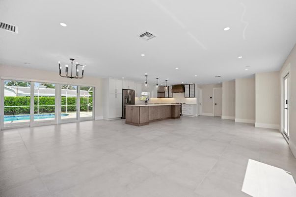 Empty room, Interior, Kitchen, Pendant Lights, Recessed Lighting, Stainless Steel Appliances