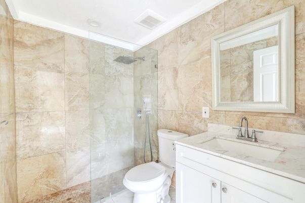 Bathroom, Glass Shower, Interior, Marble Walls, Recessed Lighting
