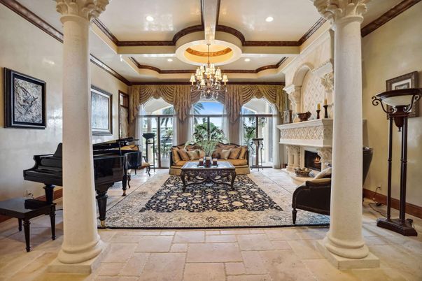 Chandelier, Fireplace, Interior, Living room, Piano, Recessed Lighting