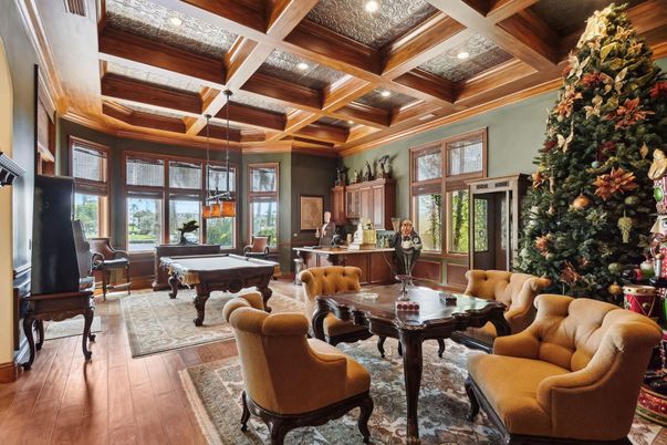 Billiard Table, Dining room, Game Room, Interior, Pendant Lights, Recessed Lighting, Wooden Beams, Wooden Ceilings, Wood Texture Flooring