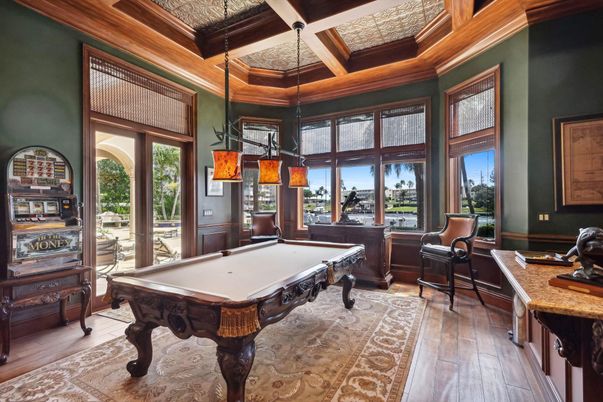 Billiard Table, Game Room, Interior, Pendant Lights, Wood Texture Flooring
