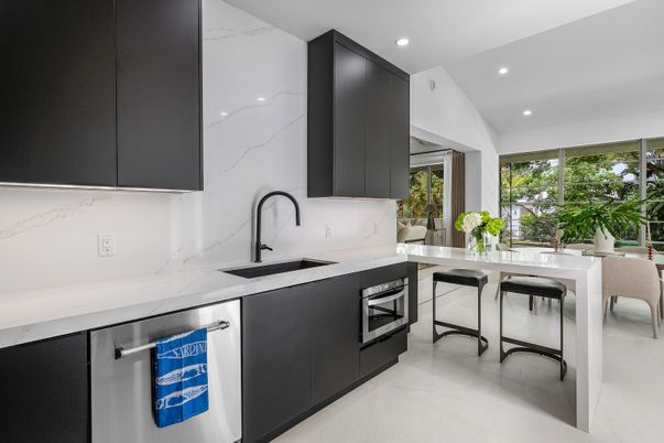 Interior, Kitchen, Marble Walls, Recessed Lighting, Stainless Steel Appliances