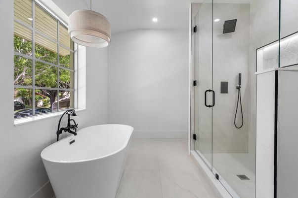 Bathroom, Free Standing Baths, Glass Shower, Interior, Marble, Pendant Lights, Recessed Lighting