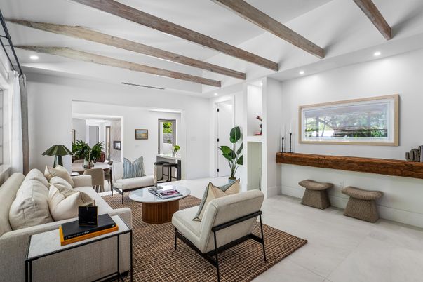 Interior, Living room, Recessed Lighting, Wooden Beams