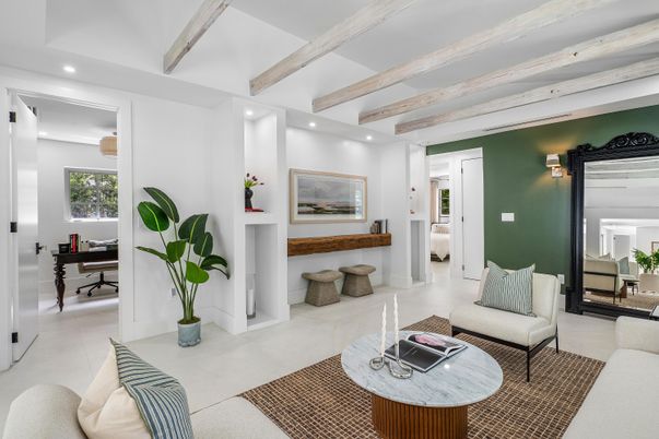 Interior, Living room, Recessed Lighting, Wooden Beams