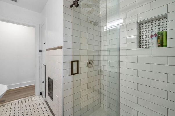 Bathroom, Glass Shower, Interior, Wood Texture Flooring