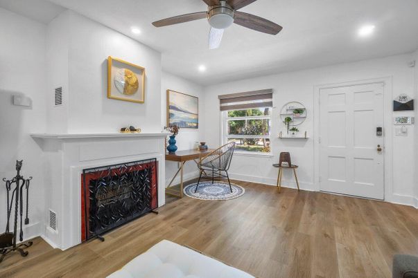 Fireplace, Home Office, Interior, Recessed Lighting, Wood Texture Flooring