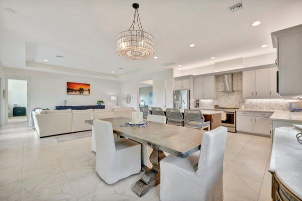 Chandelier, Dining room, Interior, Kitchen, Living room, Marble, Recessed Lighting, Stainless Steel Appliances