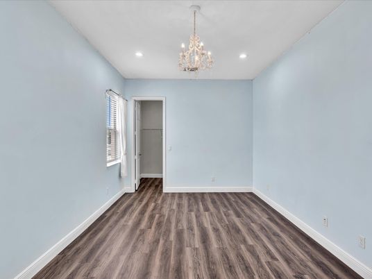 Chandelier, Empty room, Interior, Recessed Lighting, Wood Texture Flooring